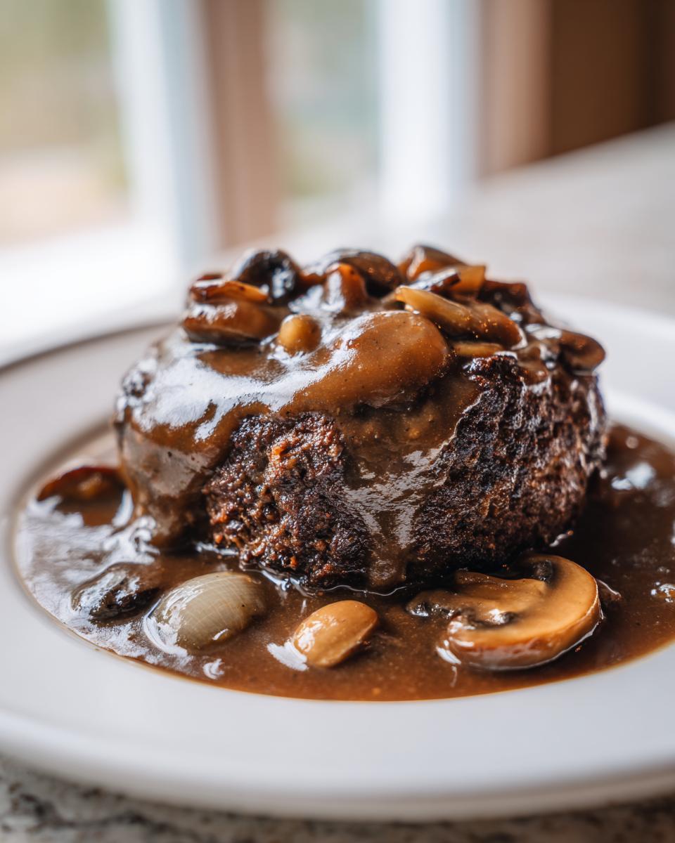 A perfectly cooked Salisbury steak smothered in rich brown mushroom gravy, served on a white plate.