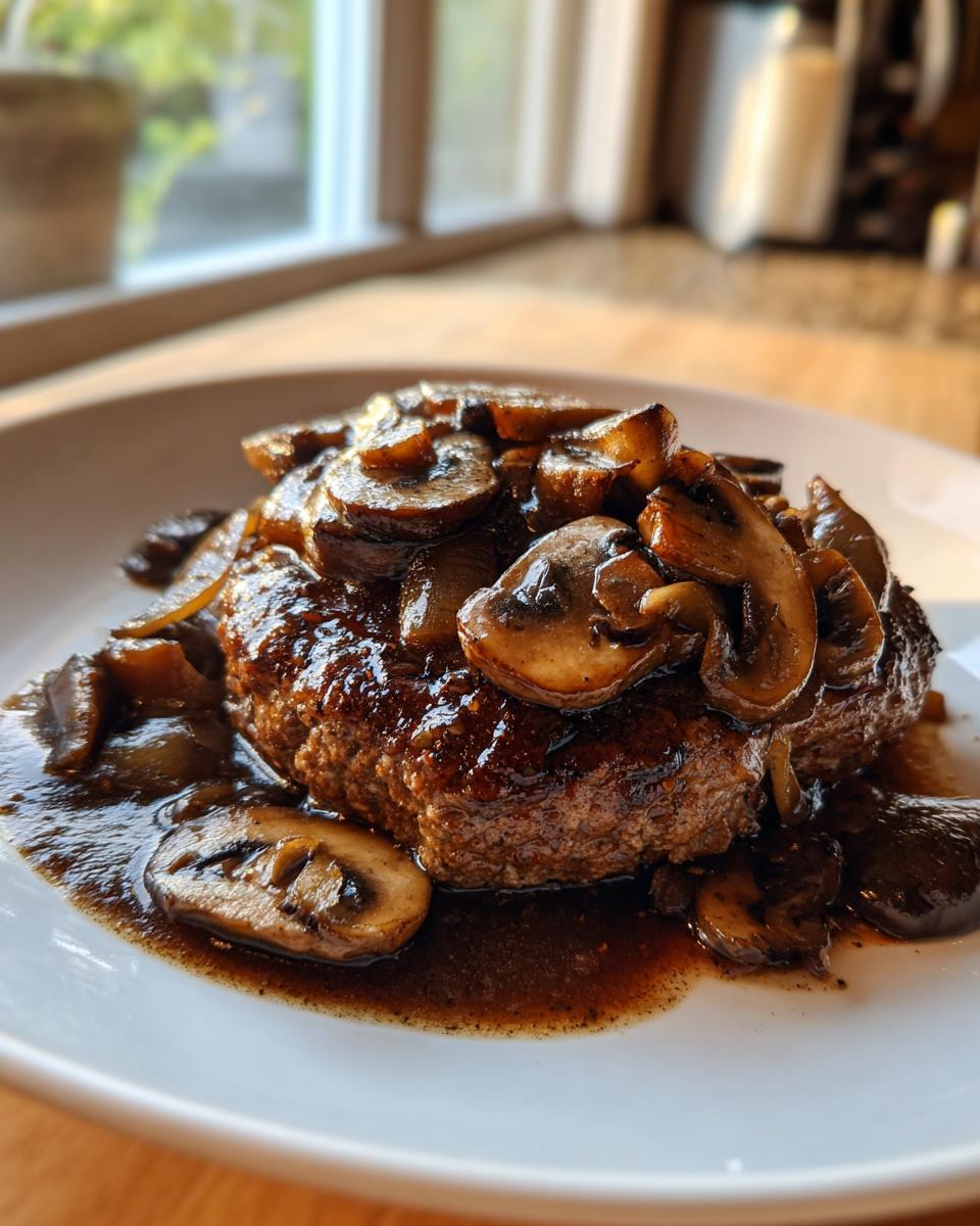A close-up of a juicy Salisbury steak smothered in rich, dark mushroom gravy and sautéed onions.