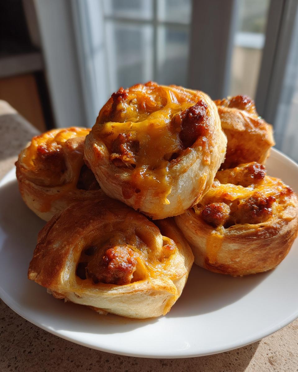 A stack of freshly baked sausage pinwheels topped with melted orange cheese on a white plate.