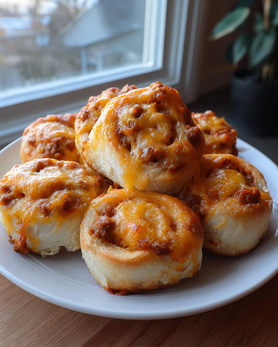 A plate stacked with golden brown sausage pinwheels topped with melted orange cheddar cheese.