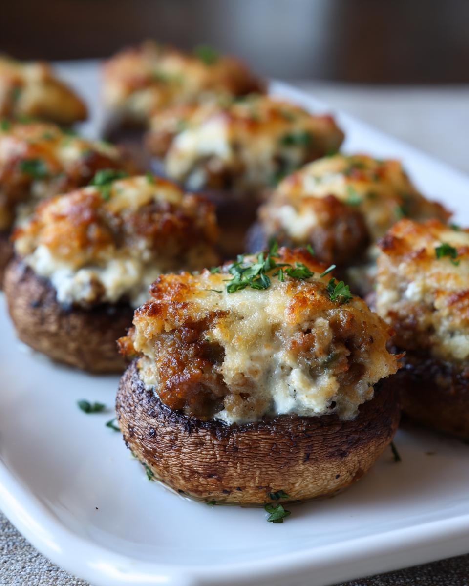 Close-up of baked sausage stuffed mushrooms, topped with melted cheese and fresh parsley, ready to serve.