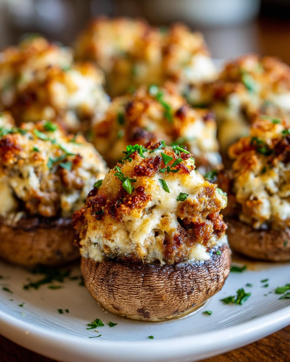 Close-up of baked sausage stuffed mushrooms topped with melted cheese and fresh parsley garnish.