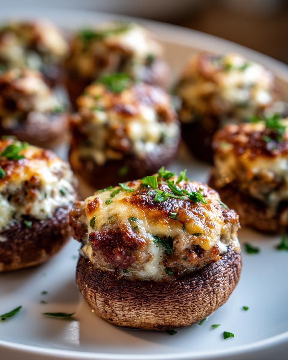Close-up of a perfectly baked sausage stuffed mushrooms appetizer with melted, browned cheese and parsley garnish.
