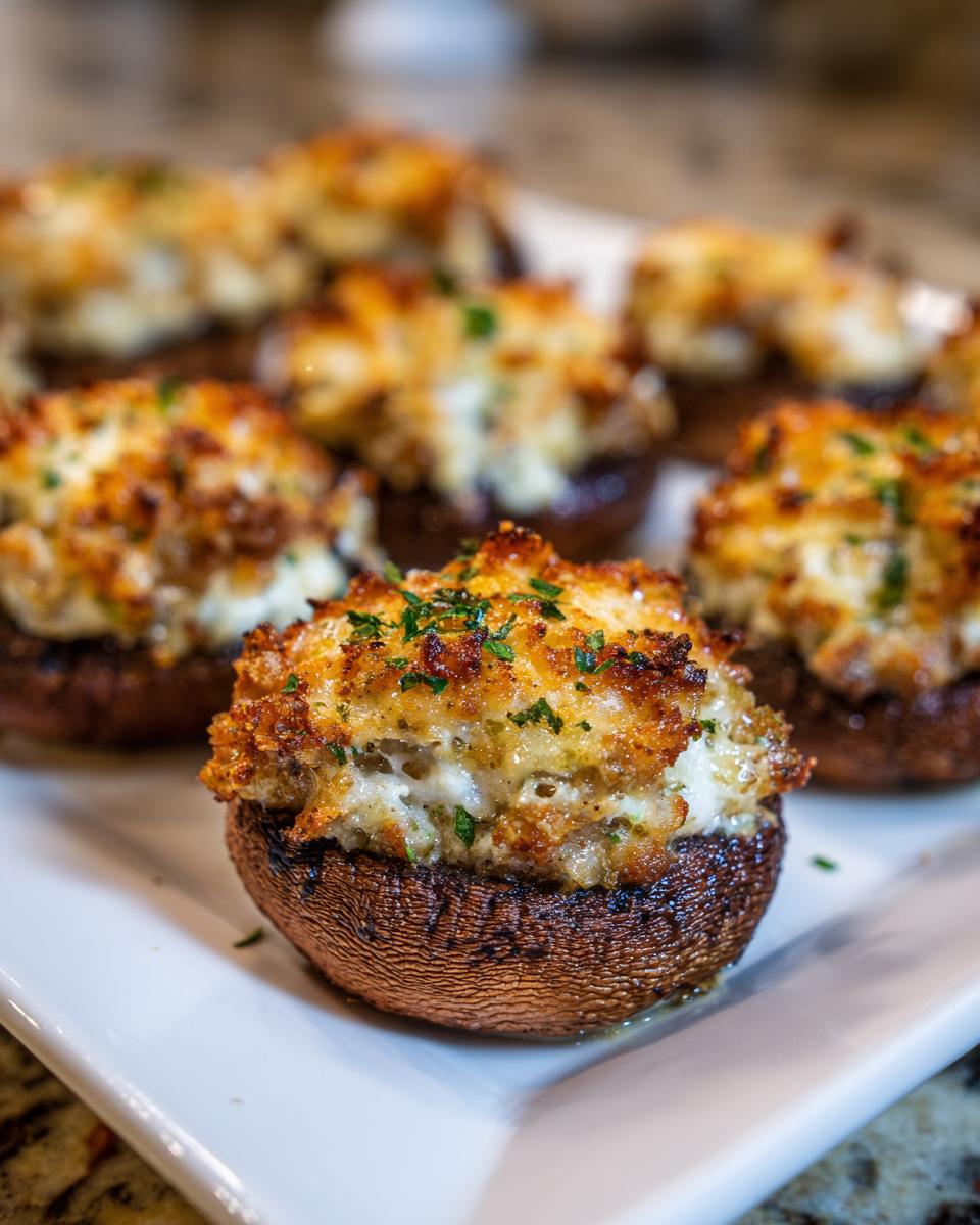 Close-up of perfectly baked sausage stuffed mushrooms with a golden, crispy topping, garnished with parsley.