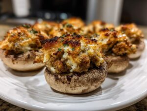 Close-up of freshly baked sausage stuffed mushrooms with a browned, cheesy topping served on a white plate.