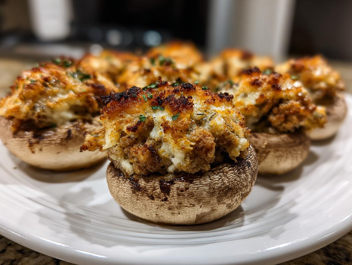 Close-up of freshly baked sausage stuffed mushrooms with a browned, cheesy topping served on a white plate.