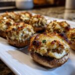 Close-up of baked sausage stuffed mushrooms with melted, browned cheese topping on a white serving platter.