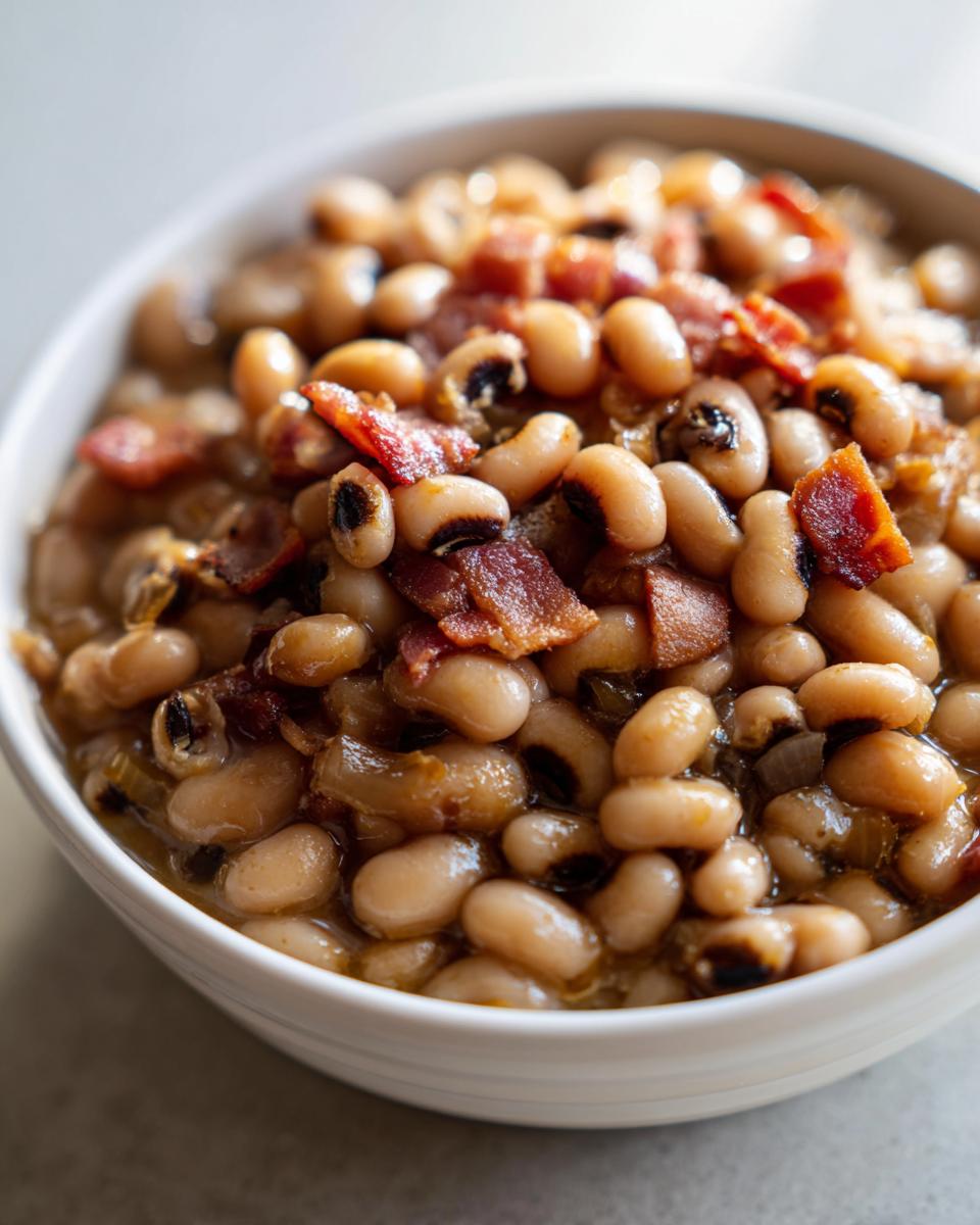 Close-up of a white bowl filled with savory black eyed peas topped with crispy bacon pieces.