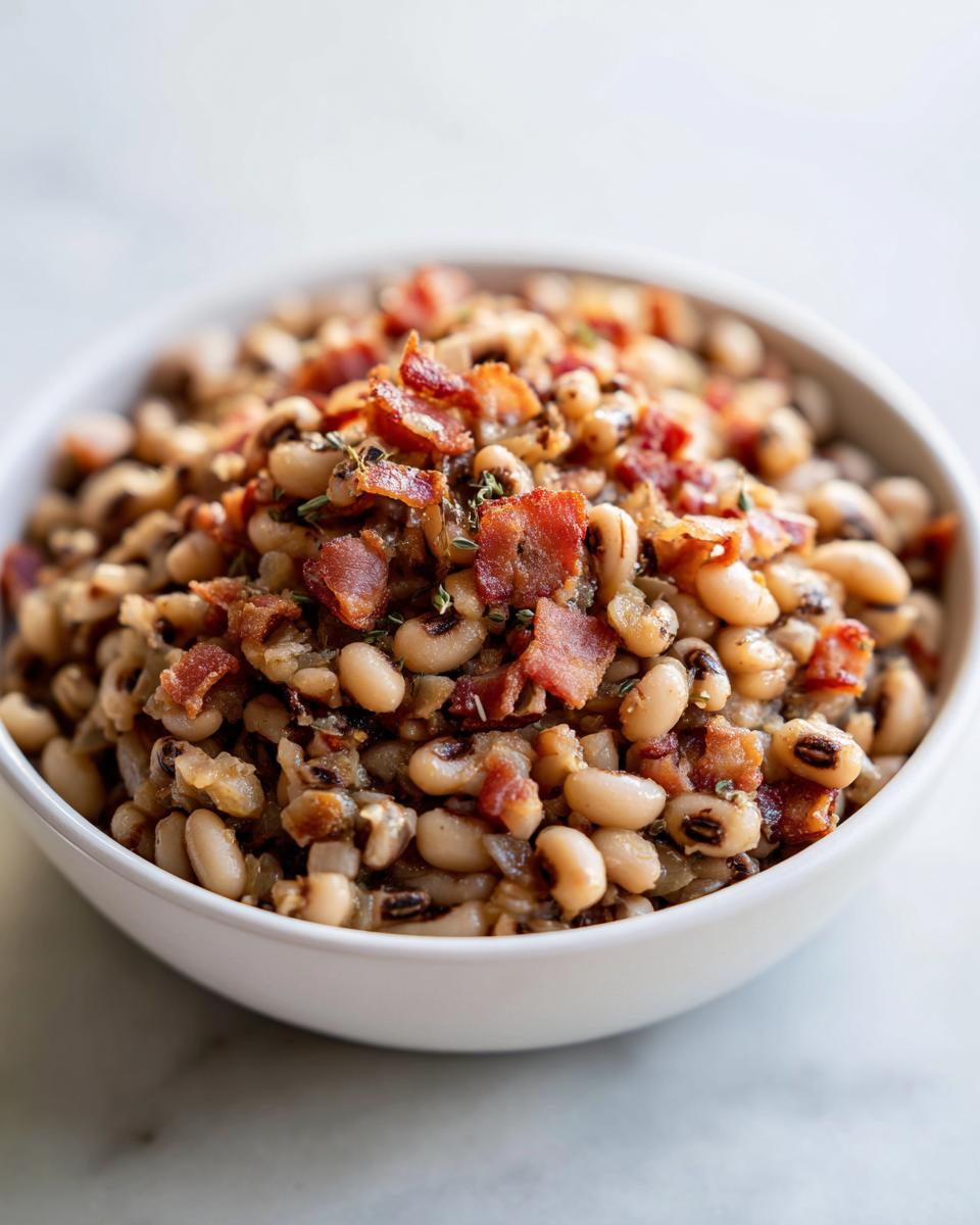 A white bowl filled with savory black eyed peas, garnished generously with crispy bacon pieces and fresh herbs.