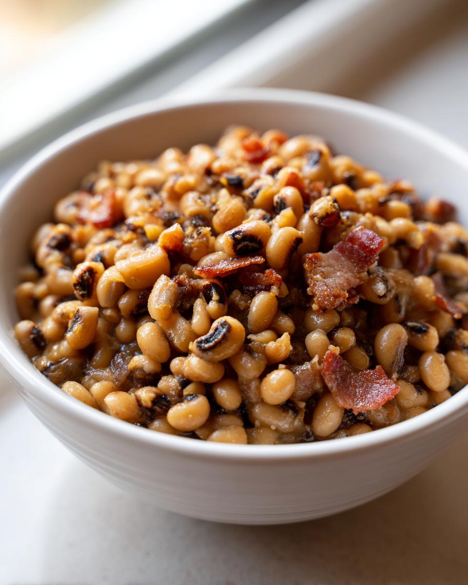 Close-up of a white bowl filled with savory black eyed peas topped with crispy bacon pieces.