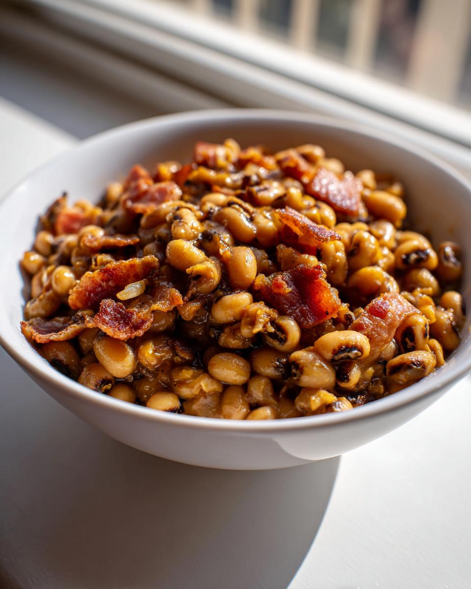 Close-up of a white bowl filled with savory black eyed peas topped with pieces of crispy bacon.