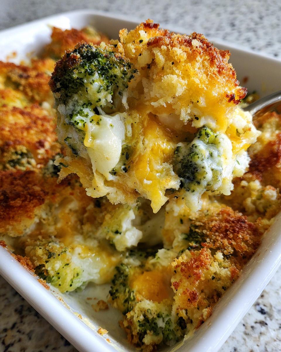 A spoonful of creamy, cheesy broccoli cauliflower casserole with a golden brown, crunchy topping being lifted from a white baking dish.