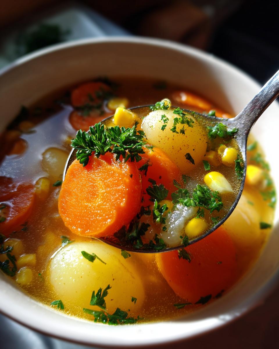 A spoonful of rich vegetable soup featuring bright orange carrots, small yellow potatoes, corn, and fresh parsley garnish.