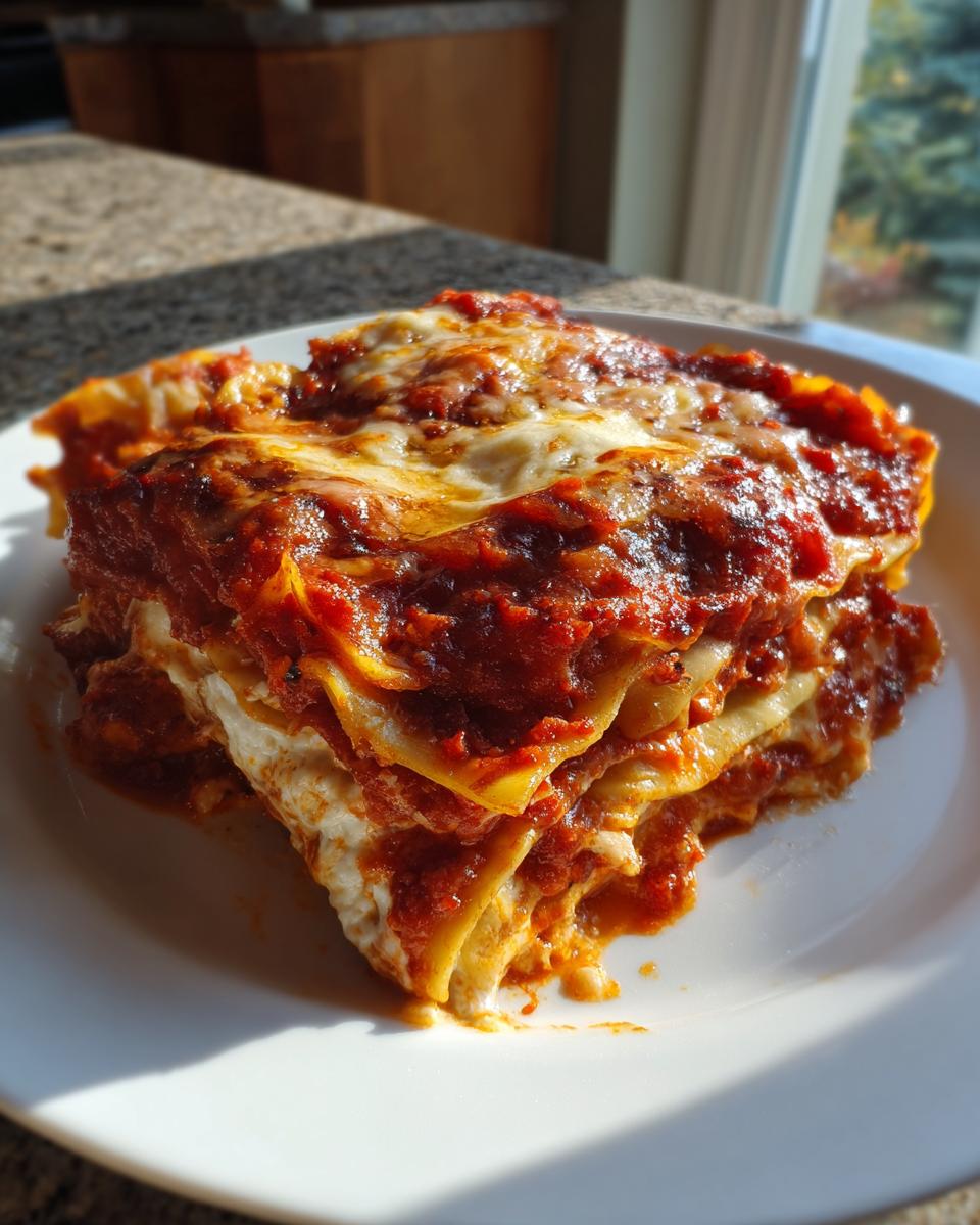 A generous slice of rich, saucy lazy lasagna topped with bubbly, melted cheese on a white plate.