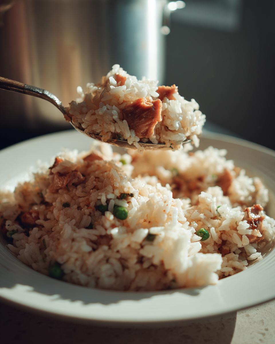 A spoonful of fluffy one pot chicken and rice, mixed with peas, being lifted from a white bowl.