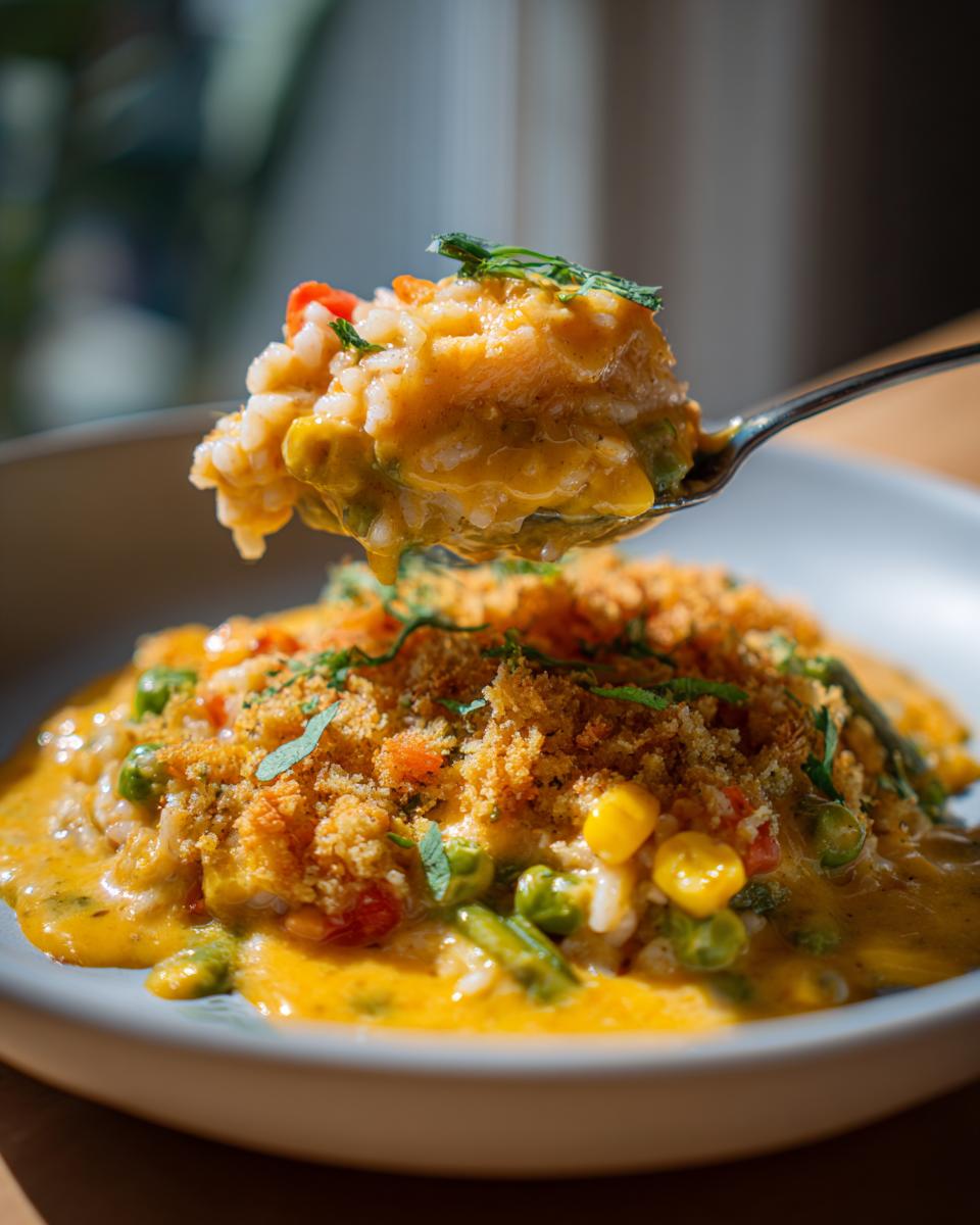 A spoonful of creamy, cheesy vegetable casserole lifted above the main dish, showing rice, corn, and peas.