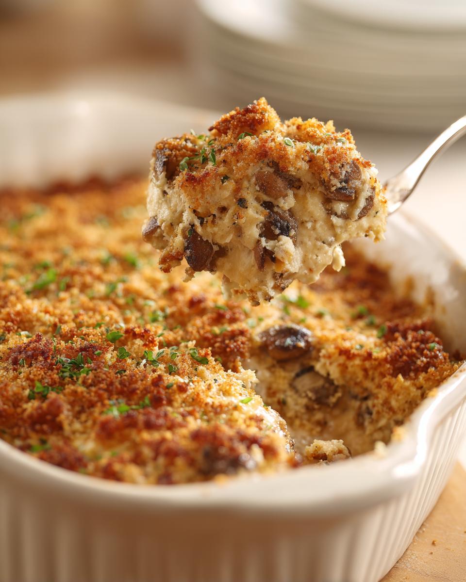 A spoonful of creamy stuffed mushroom dip lifted from a baked casserole dish topped with golden breadcrumbs.