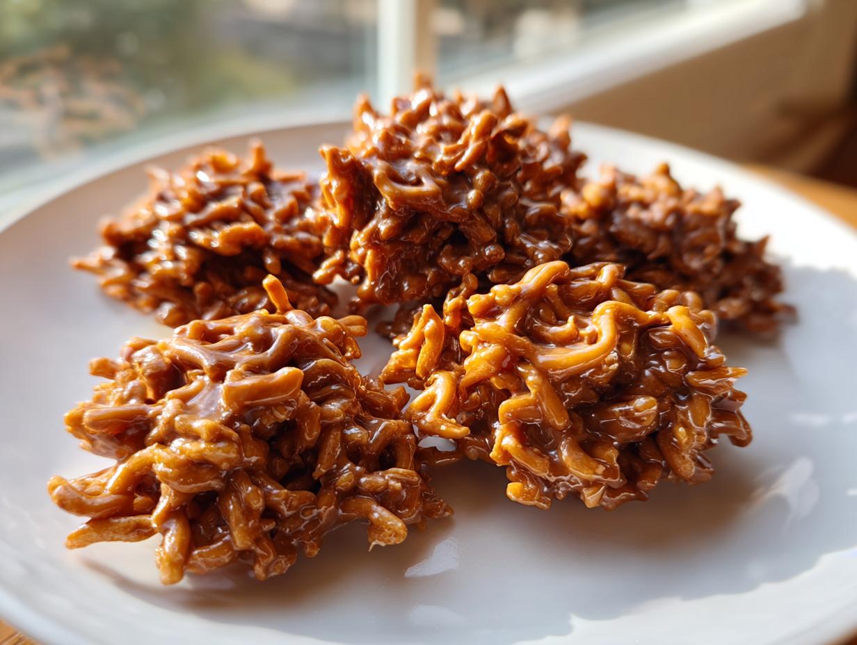 Four glossy, brown haystack cookies made with chow mein noodles and peanut butter mixture on a white plate.