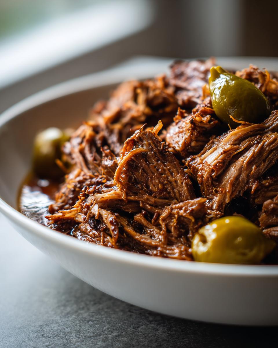 Close-up of tender, shredded Mississippi pot roast served in a white bowl with whole green peperoncini peppers.