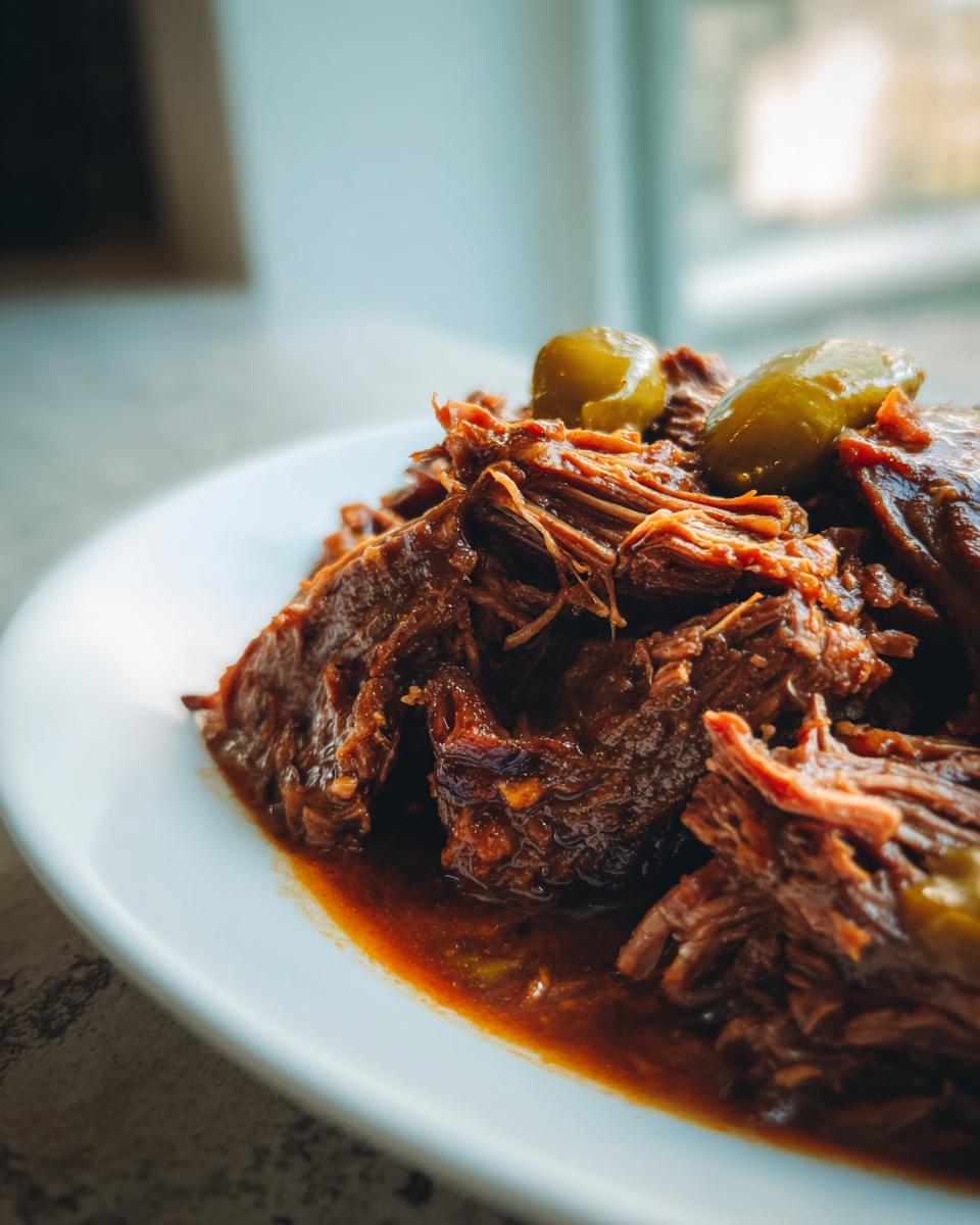 Close-up of tender, shredded Mississippi pot roast served on a white plate with rich sauce and pepperoncini peppers.