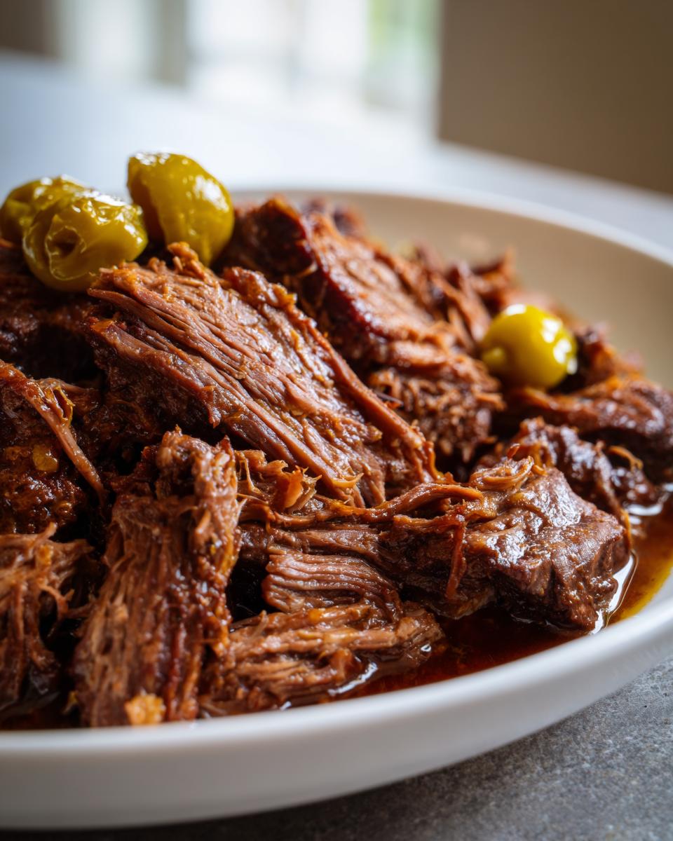 Close-up of tender, shredded Mississippi pot roast served in a white bowl with whole pepperoncini peppers.