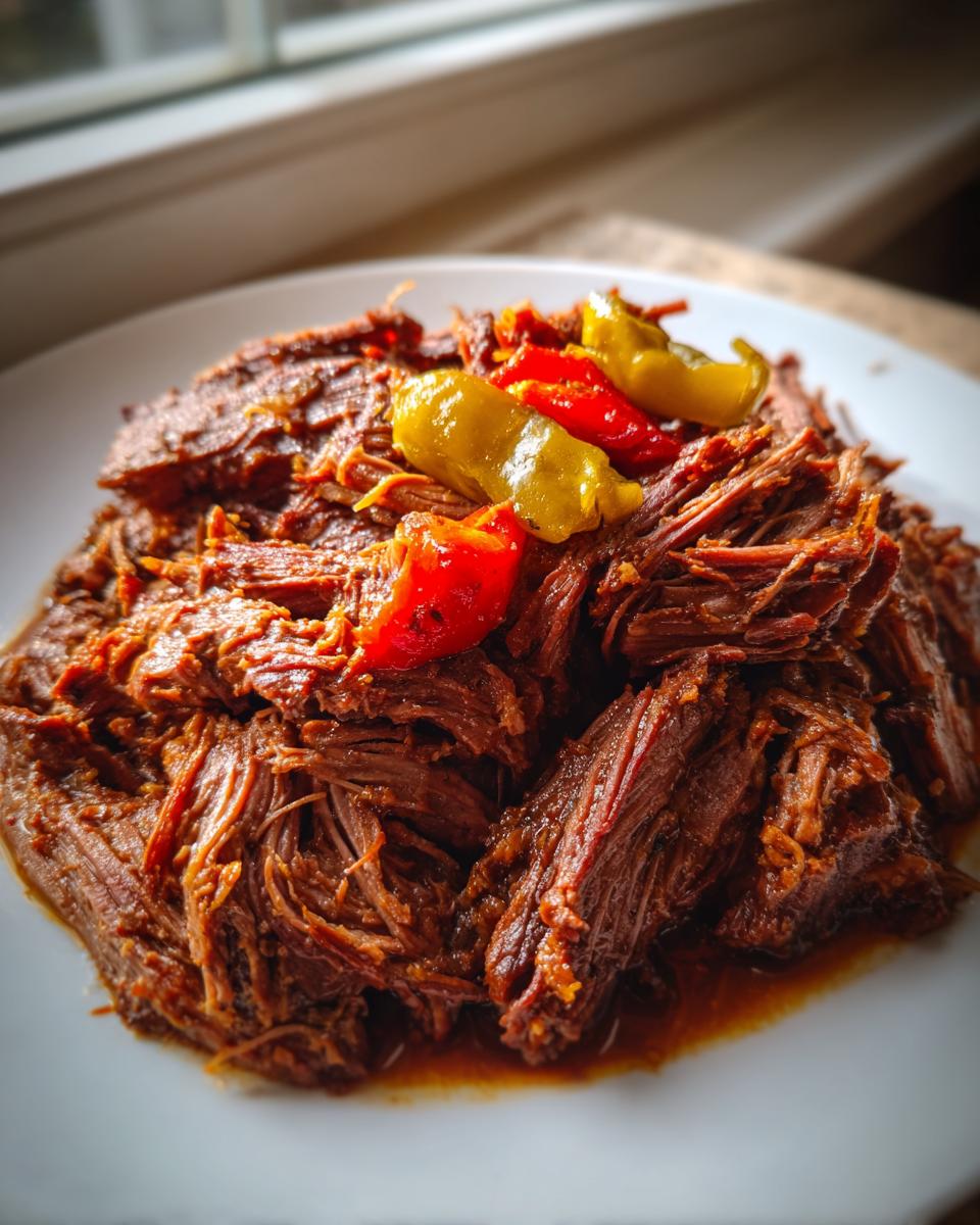 A close-up of tender, shredded Mississippi pot roast served on a white plate, topped with red and yellow pepperoncini peppers.