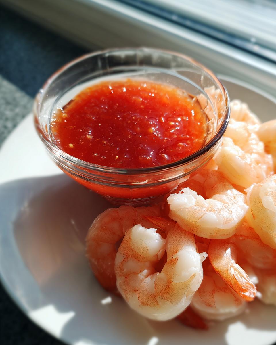 Plump, cooked shrimp served on a white plate next to a small glass bowl of bright red, zesty shrimp cocktail sauce.