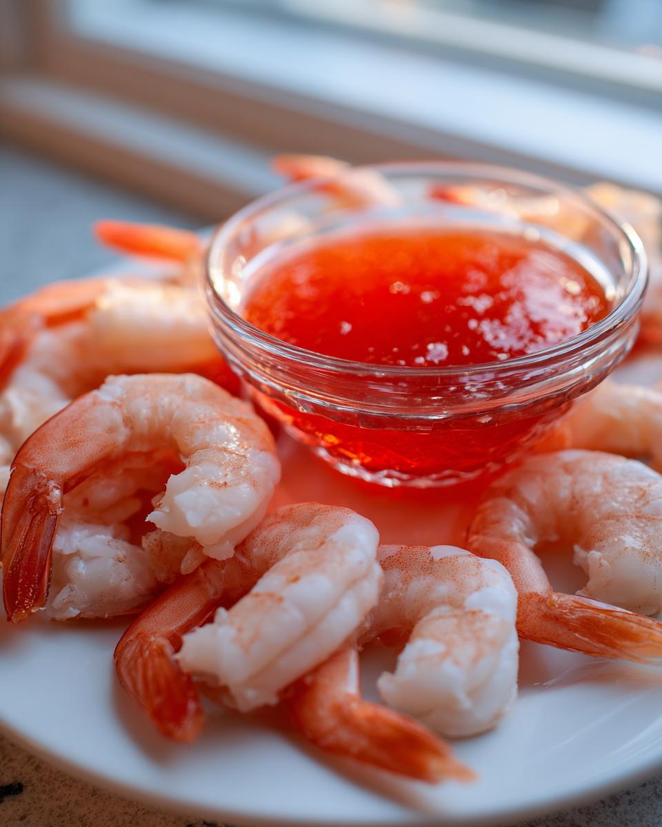 Close-up of cooked, peeled shrimp arranged around a small glass bowl of bright red shrimp cocktail sauce.