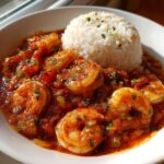 Close-up of a bowl of vibrant Shrimp Creole served with a perfectly molded scoop of white rice.