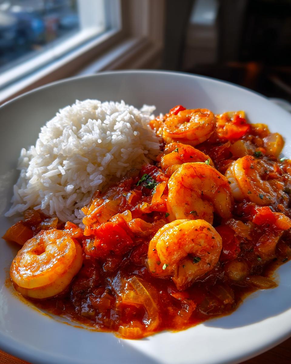 A close-up of delicious Shrimp Creole served with a mound of fluffy white rice on a white plate.
