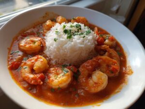 A white bowl filled with vibrant Shrimp Creole sauce, large shrimp, and a mound of white rice topped with parsley.