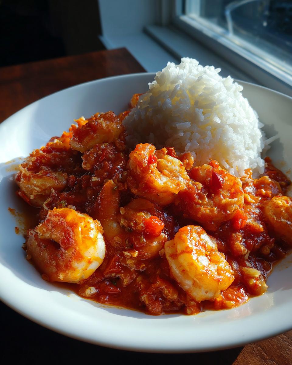 A white bowl filled with vibrant red Shrimp Creole served next to a mound of fluffy white rice.