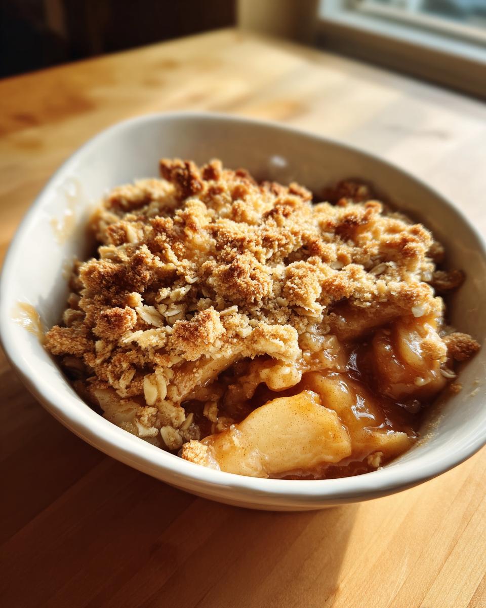 Close-up of a warm, single serving of apple crisp recipe in a white bowl with a golden oat topping.