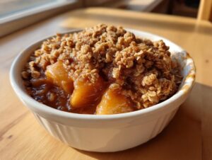 Close-up of a warm, bubbly apple crisp recipe served in a white ramekin on a wooden surface.