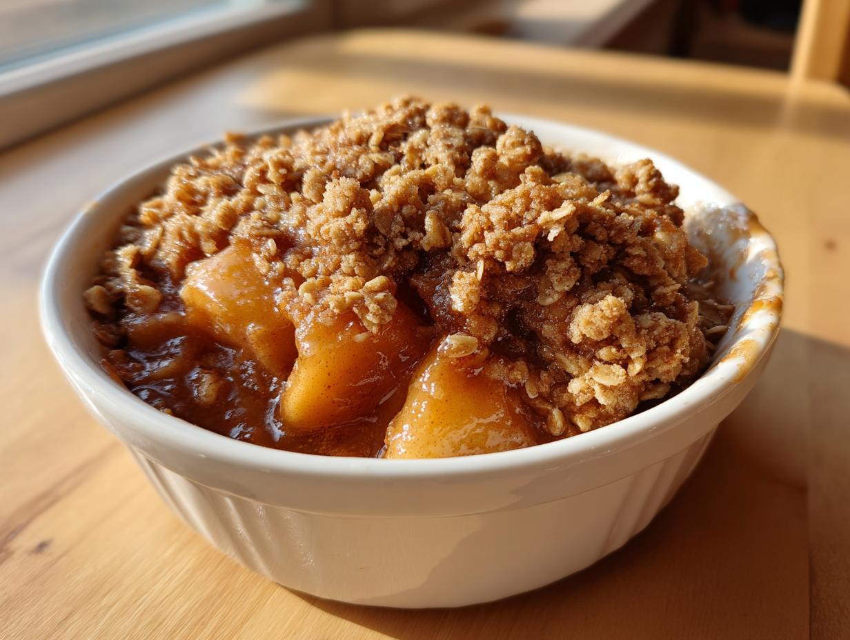 Close-up of a warm, bubbly apple crisp recipe served in a white ramekin on a wooden surface.