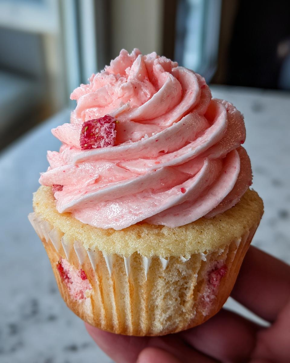 A single, delicious strawberry cupcake held in hand, topped with swirling pink frosting and a candied strawberry piece.
