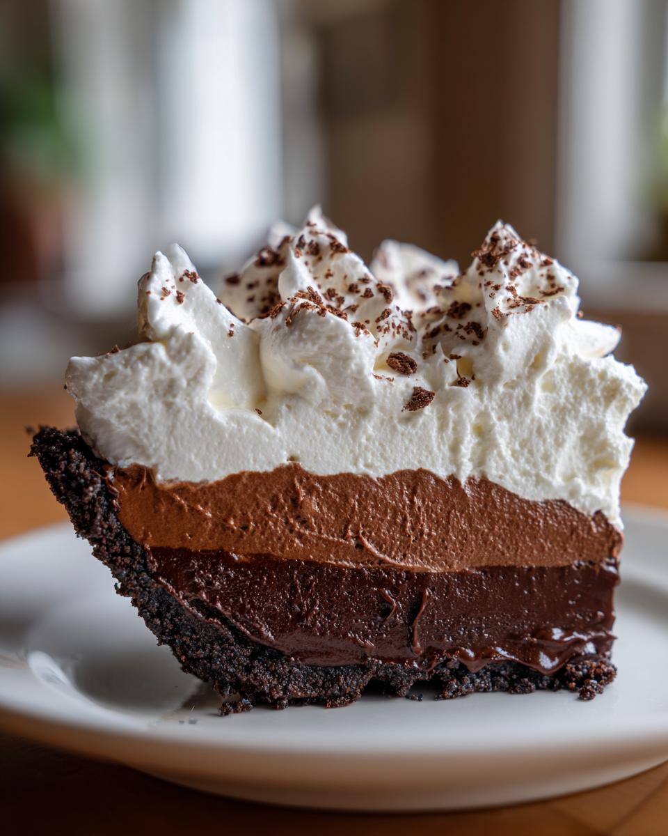 Close-up of a slice of 4 layer mud pie showing dark crust, two chocolate layers, and whipped cream topping.