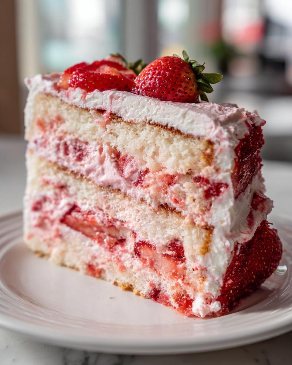 A tall, moist slice of strawberry cake with layers of white sponge, strawberry filling, and whipped cream, topped with fresh strawberries.