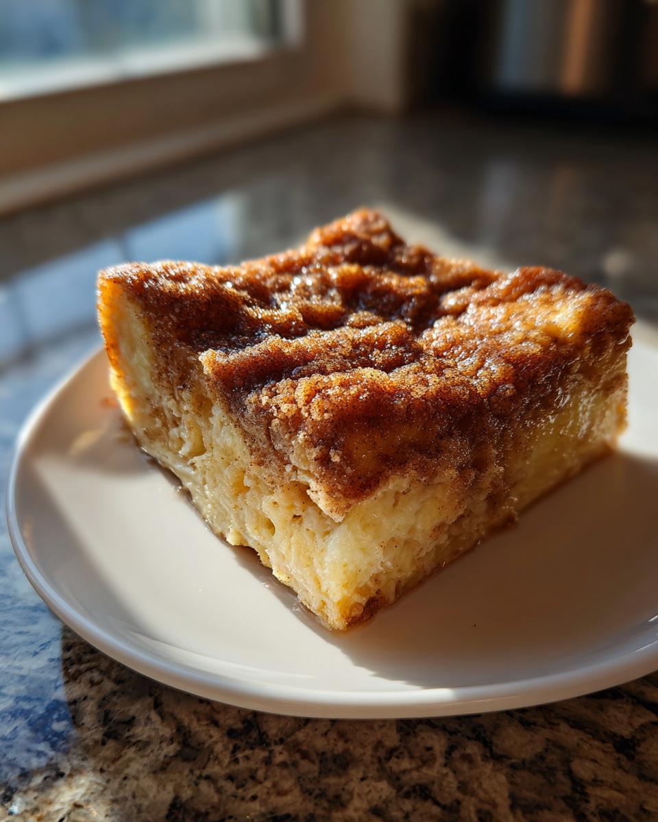 A square slice of moist baked french toast with a thick, sugary cinnamon crumb topping, sitting on a white plate.
