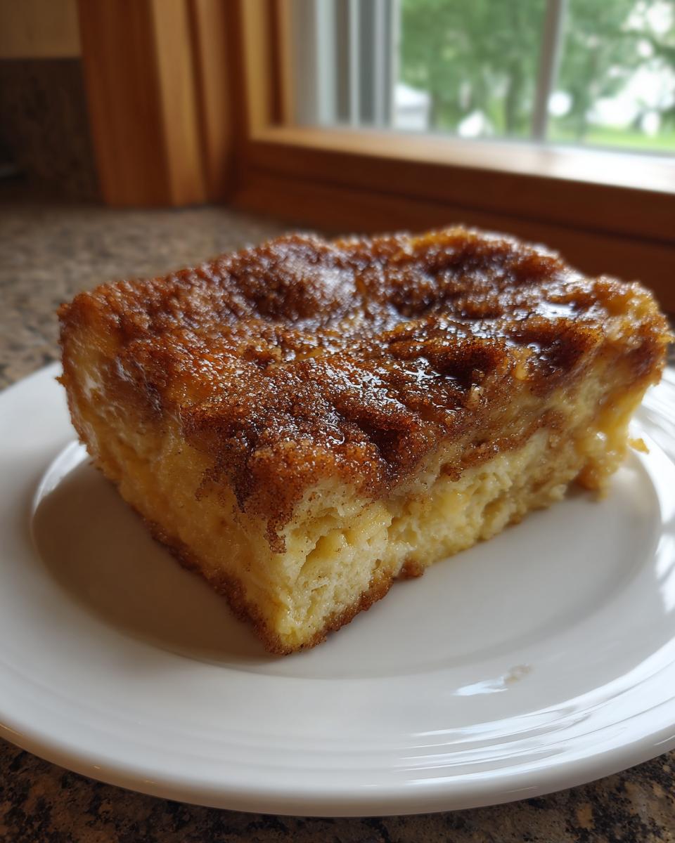A square slice of moist baked french toast with a thick, caramelized cinnamon-sugar topping on a white plate.