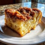 A square slice of moist baked french toast topped with a thick, gooey cinnamon streusel, served on a white plate.
