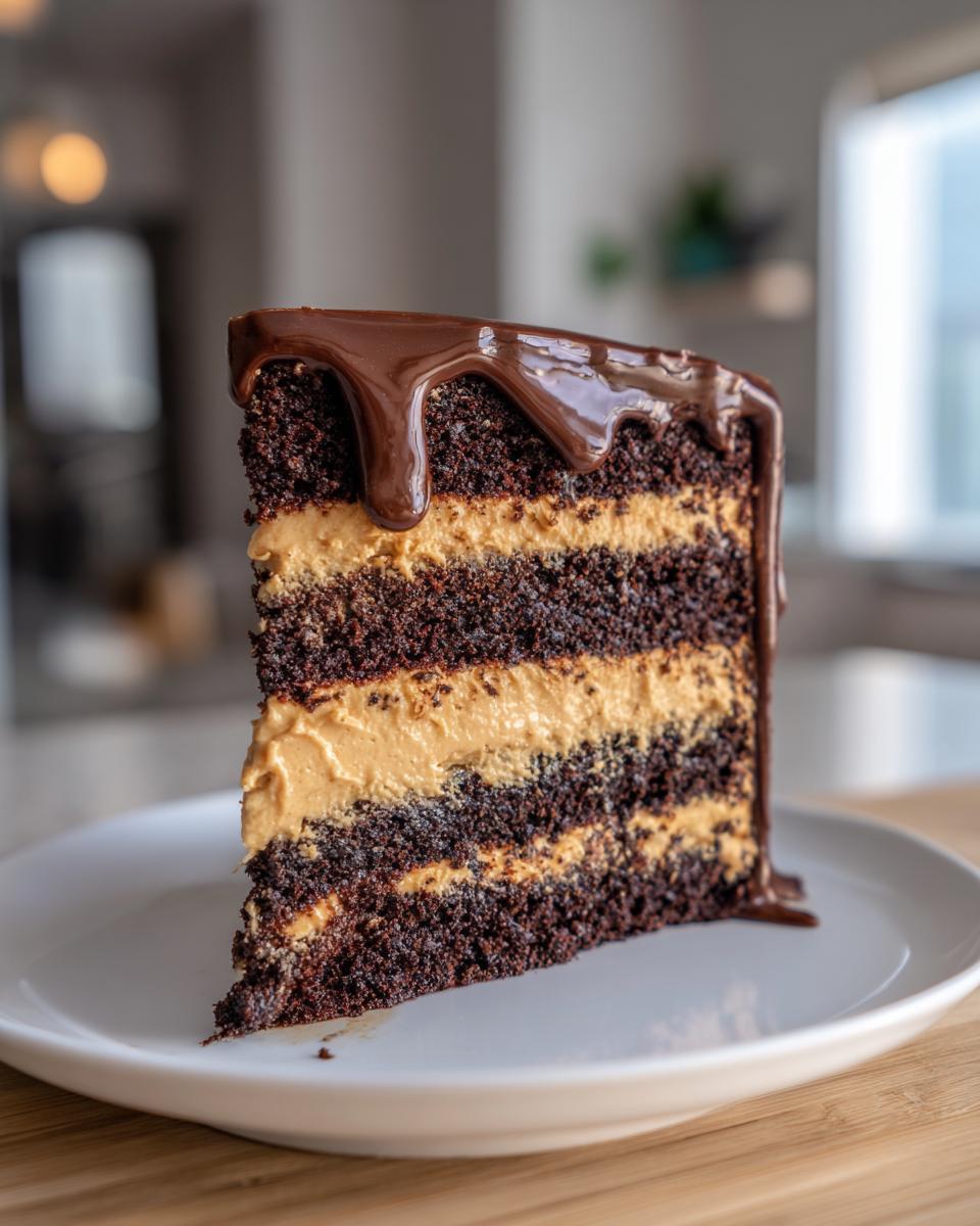 A tall slice of chocolate peanut butter cake showing three layers of dark cake and peanut butter frosting, topped with chocolate ganache drip.