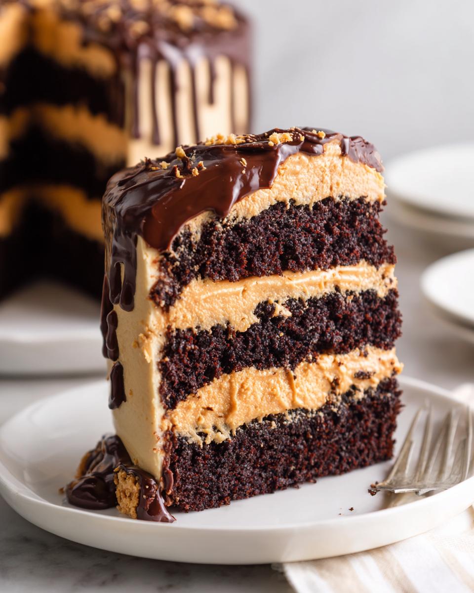 A tall slice of chocolate peanut butter cake with three dark layers, peanut butter frosting, and chocolate ganache drip.