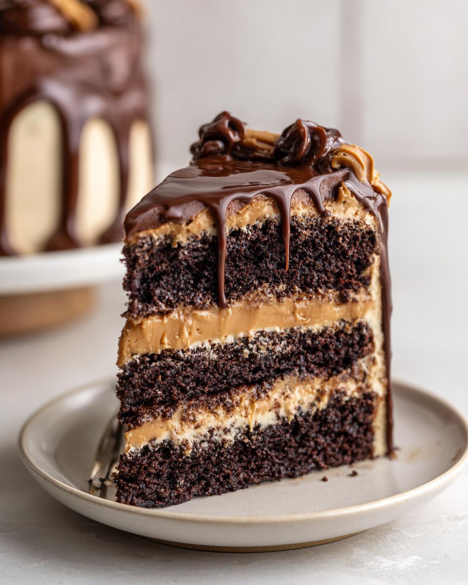 A tall slice of chocolate peanut butter cake with three dark layers and peanut butter filling, topped with chocolate ganache drip.