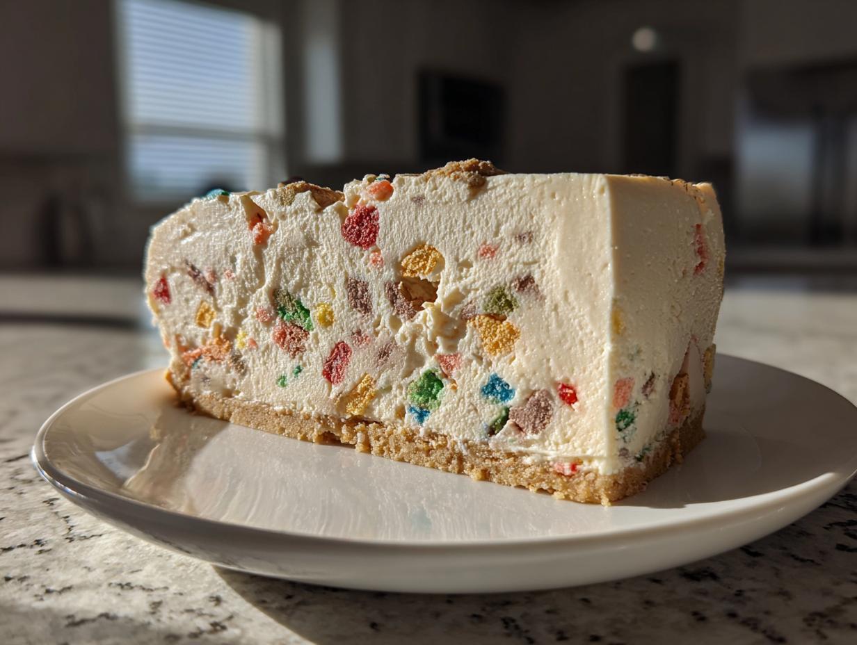 A thick slice of creamy christmas tree cheesecake studded with colorful cereal pieces on a white plate.