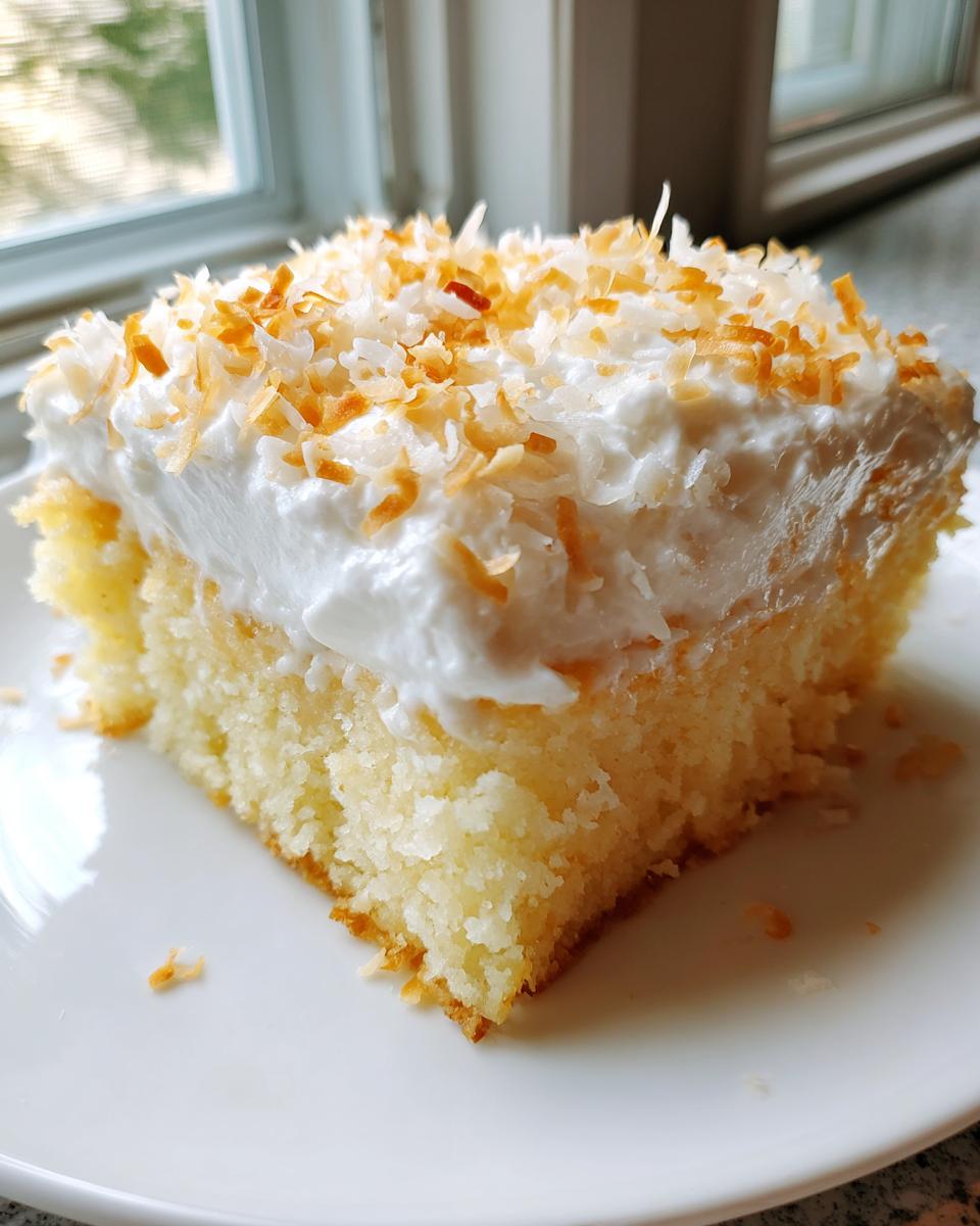 A square slice of moist coconut poke cake topped with white frosting and toasted coconut flakes.