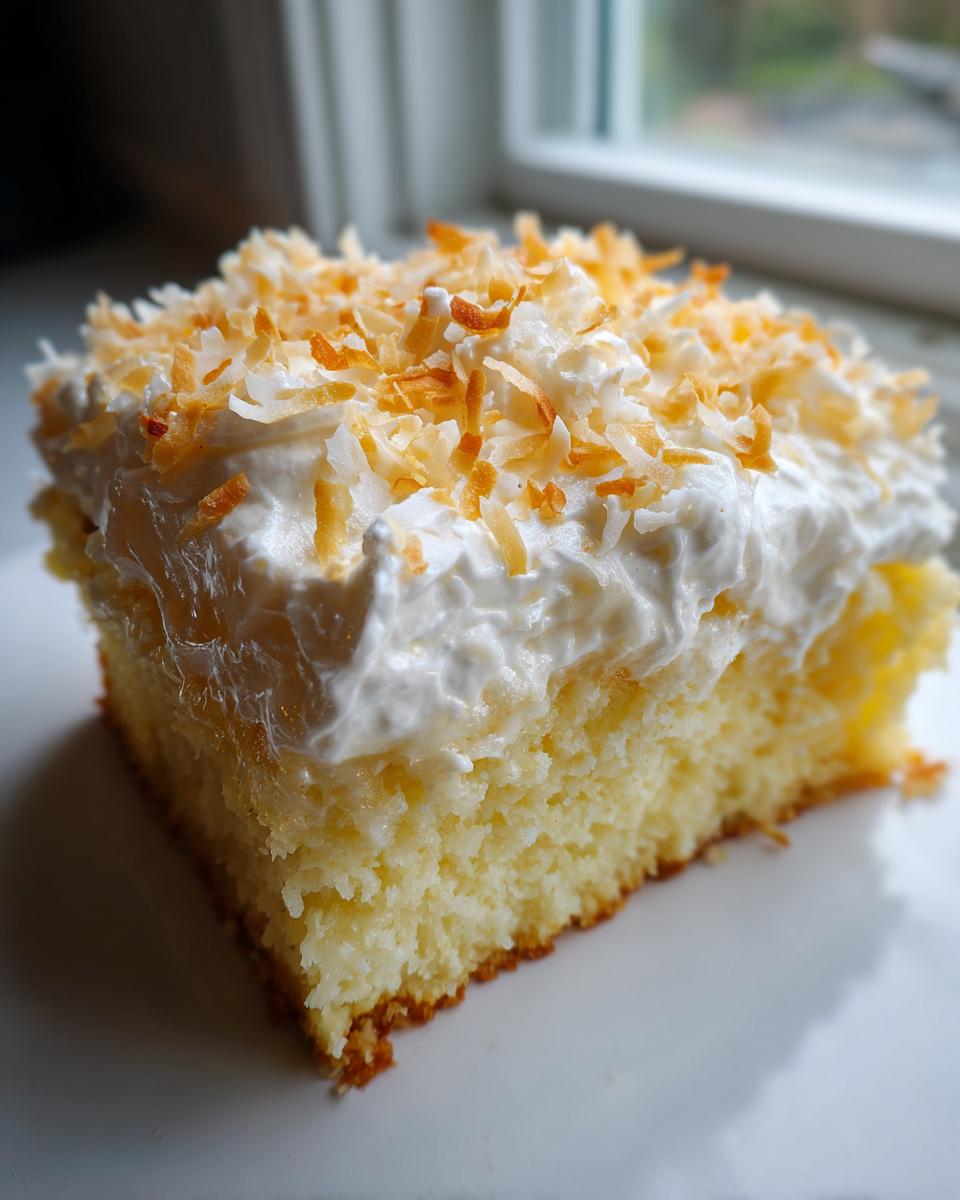 Close-up of a square slice of moist coconut poke cake topped with whipped cream and toasted coconut flakes.
