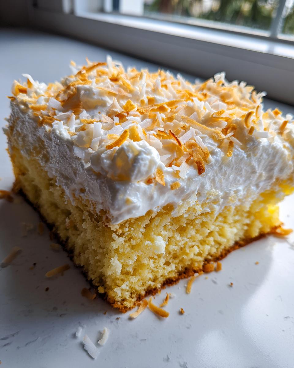 Close-up of a square slice of coconut poke cake with thick white frosting and toasted coconut flakes.