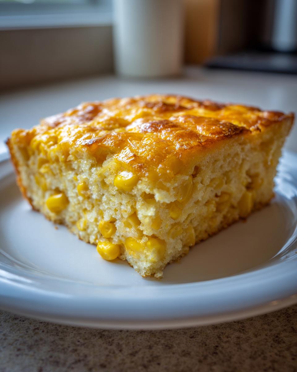 A square slice of moist cream cheese corn casserole with visible corn kernels and a golden baked top.