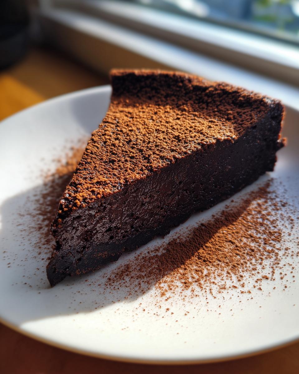 A decadent slice of flourless chocolate torte, intensely dark and dusted generously with cocoa powder on a white plate.